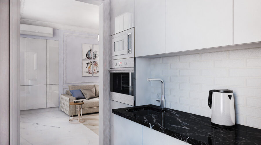 дизайн квартиры, дизайн интерьера, квартира в неоклассическом стиле, квартира в синих тонах, кухня в неоклассическом стиле, дизайн кухни