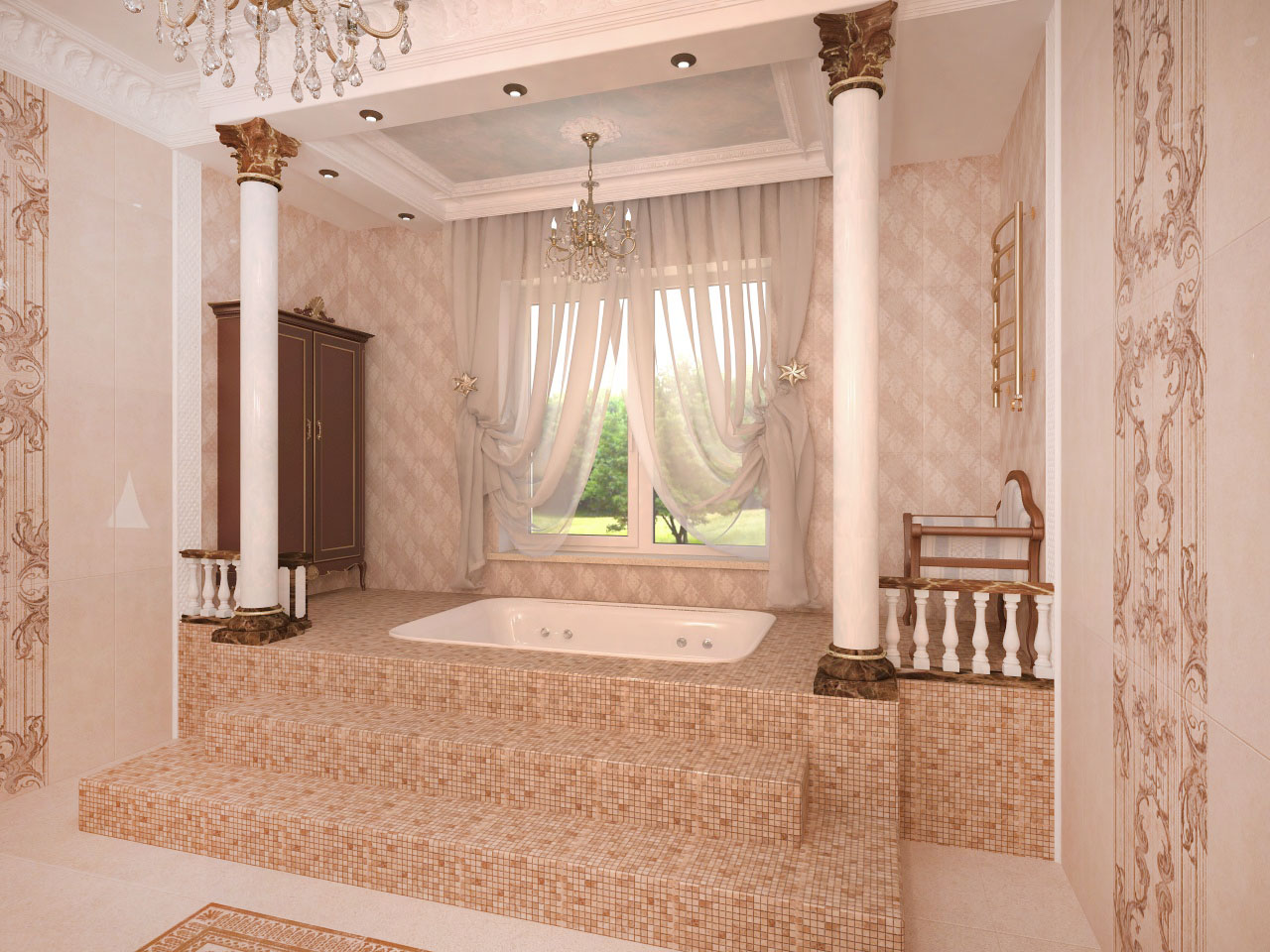 дизайн интерьера, дизайн ванной комнаты, дизайн большой ванной комнаты, классическая ванна, джакузи, ванная комната с колоннами, ванна со ступенями, ванна на пьедестале
